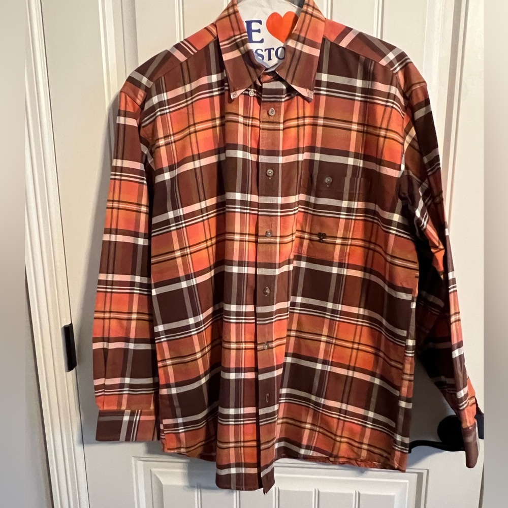 #3069. Wrangler Twenty X Men's Plaid Burnt Orange Button Shirt. Size 2XL